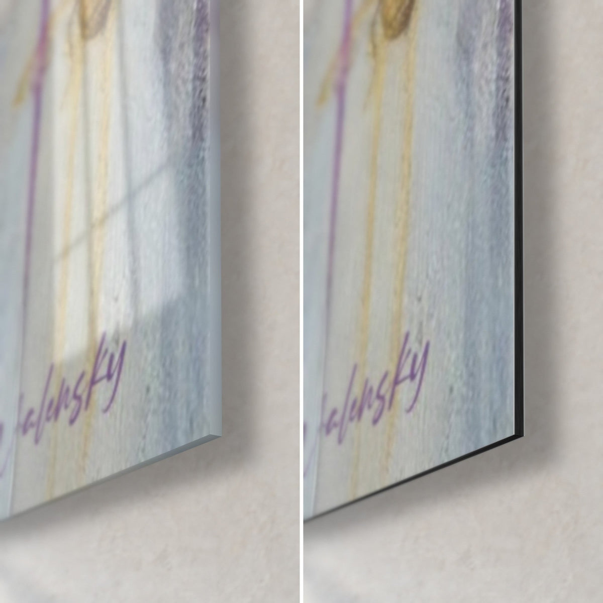 Wall art swarm of golden bees, bottom right corner: glossy glass on the left, matte black Dibond on the right, violet signature, 3 mm edge