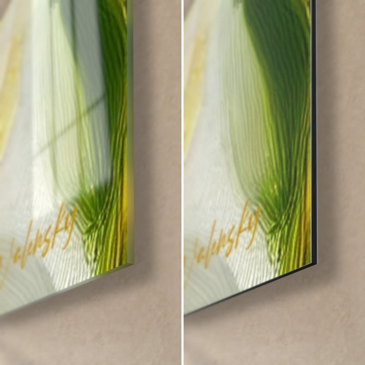 Wall art bees and honeycomb, bottom right corner in glossy glass on the left, matte Dibond aluminum on the right, green stem, 3 mm edge