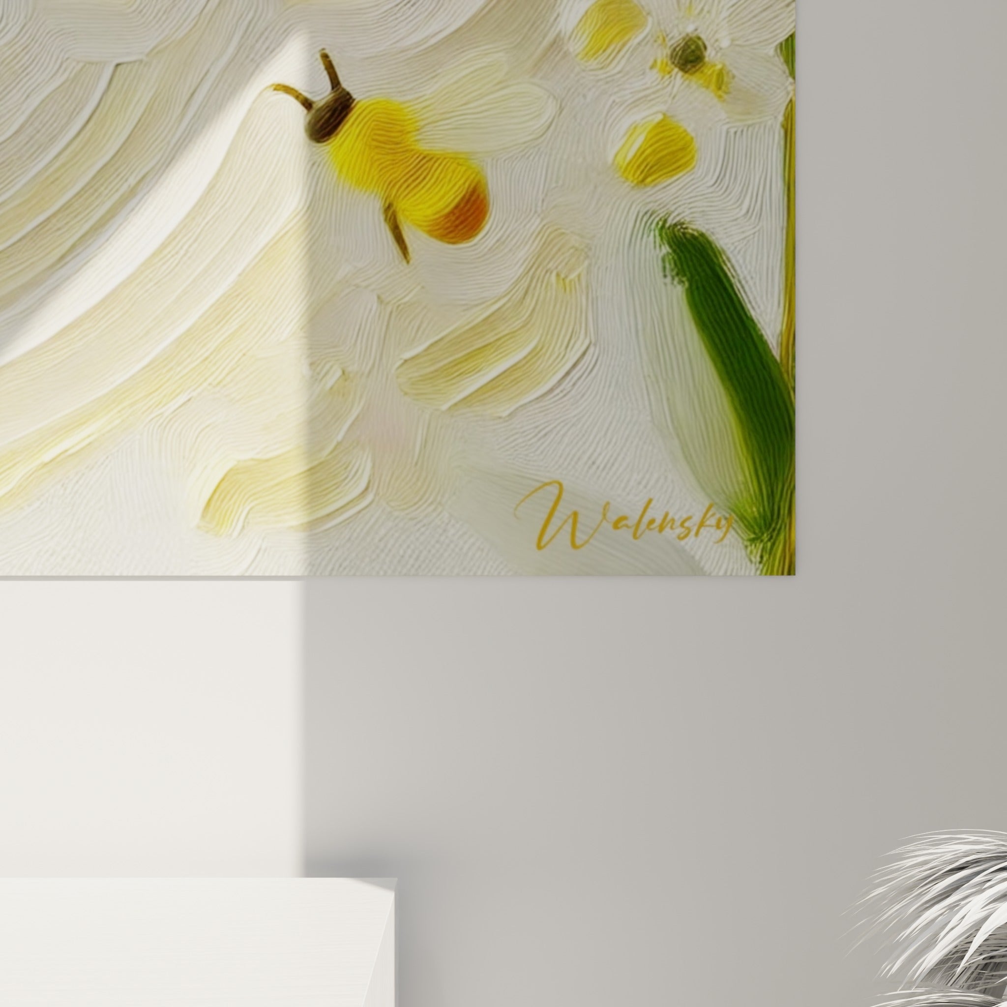 Empâtements crémeux et touches jaune miel visibles en gros plan sur la matière peinte du tableau