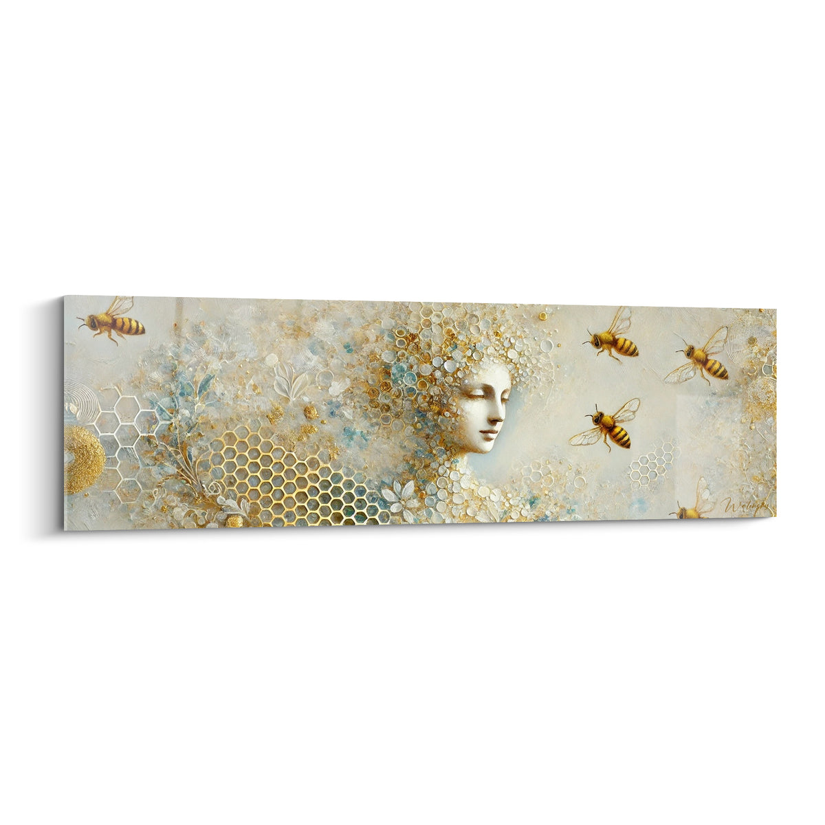 Visage ivoire aux mèches dorées entouré d'abeilles fauves, style texturé sur fond beige clair