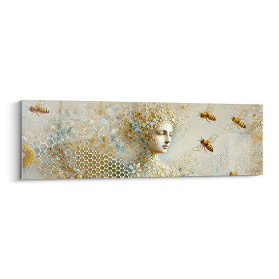 Tableau Visage ivoire aux cheveux dorés et bleus perlés - Yeux clos sereins - Edition Abeille
