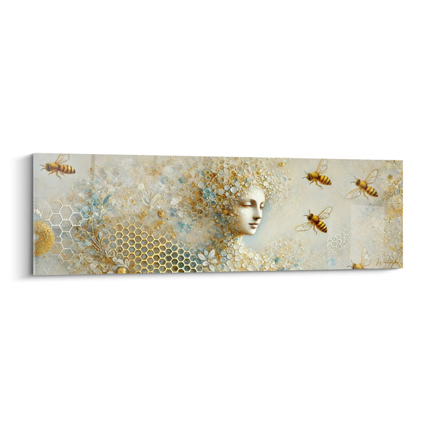 Tableau Visage ivoire aux cheveux dorés et bleus perlés - Yeux clos sereins - Edition Abeille