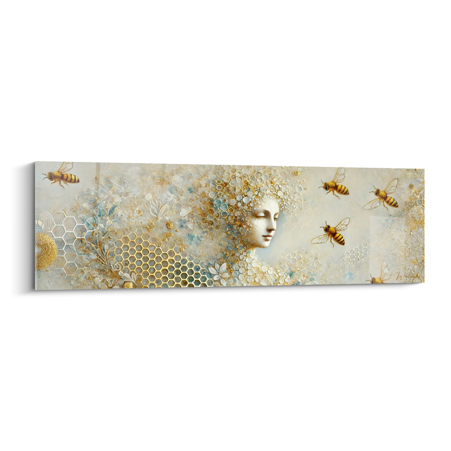 Tableau Visage ivoire aux cheveux dorés et bleus perlés - Yeux clos sereins - Edition Abeille