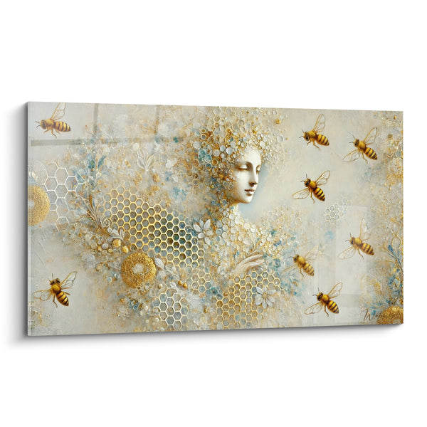 Tableau Visage doré aux abeilles et alvéoles - Songe mellifère - Edition Abeille