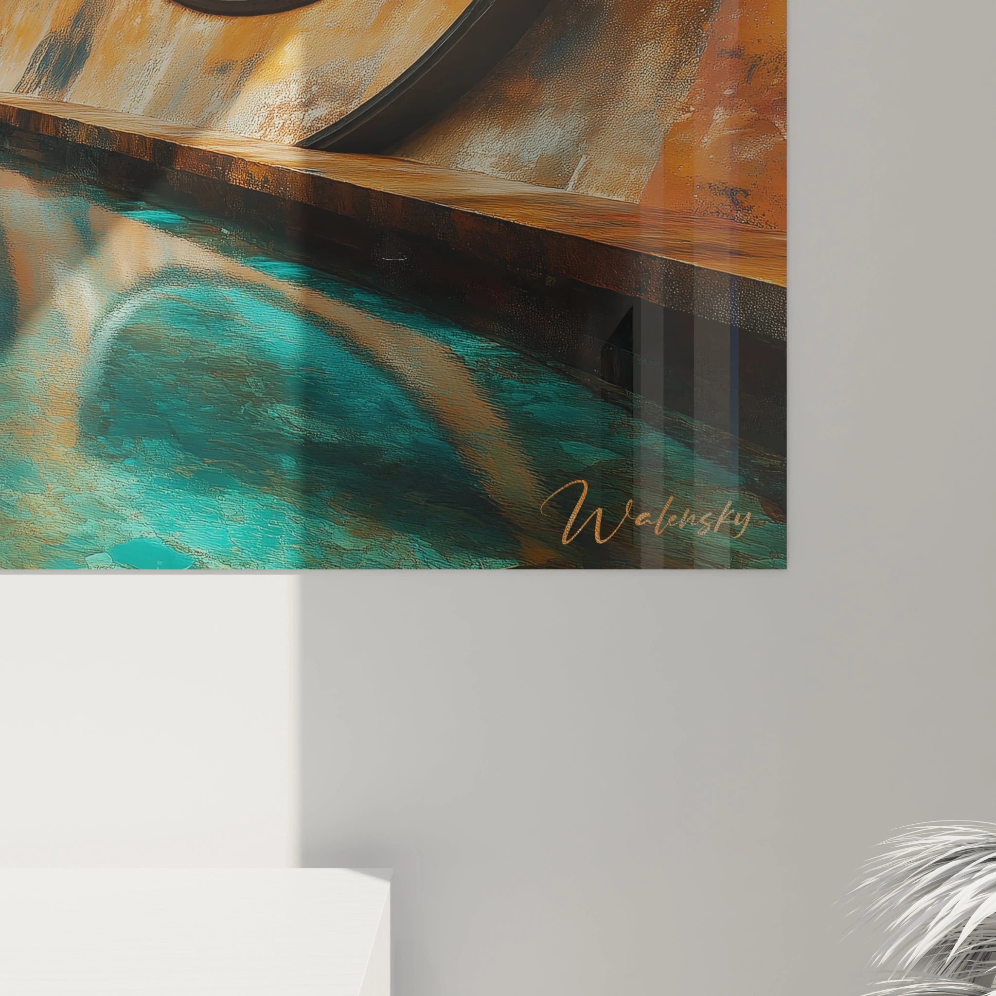 Tableau géométrique abstrait de Walensky avec des formes fluides en bleu et orange, idéal pour la décoration moderne