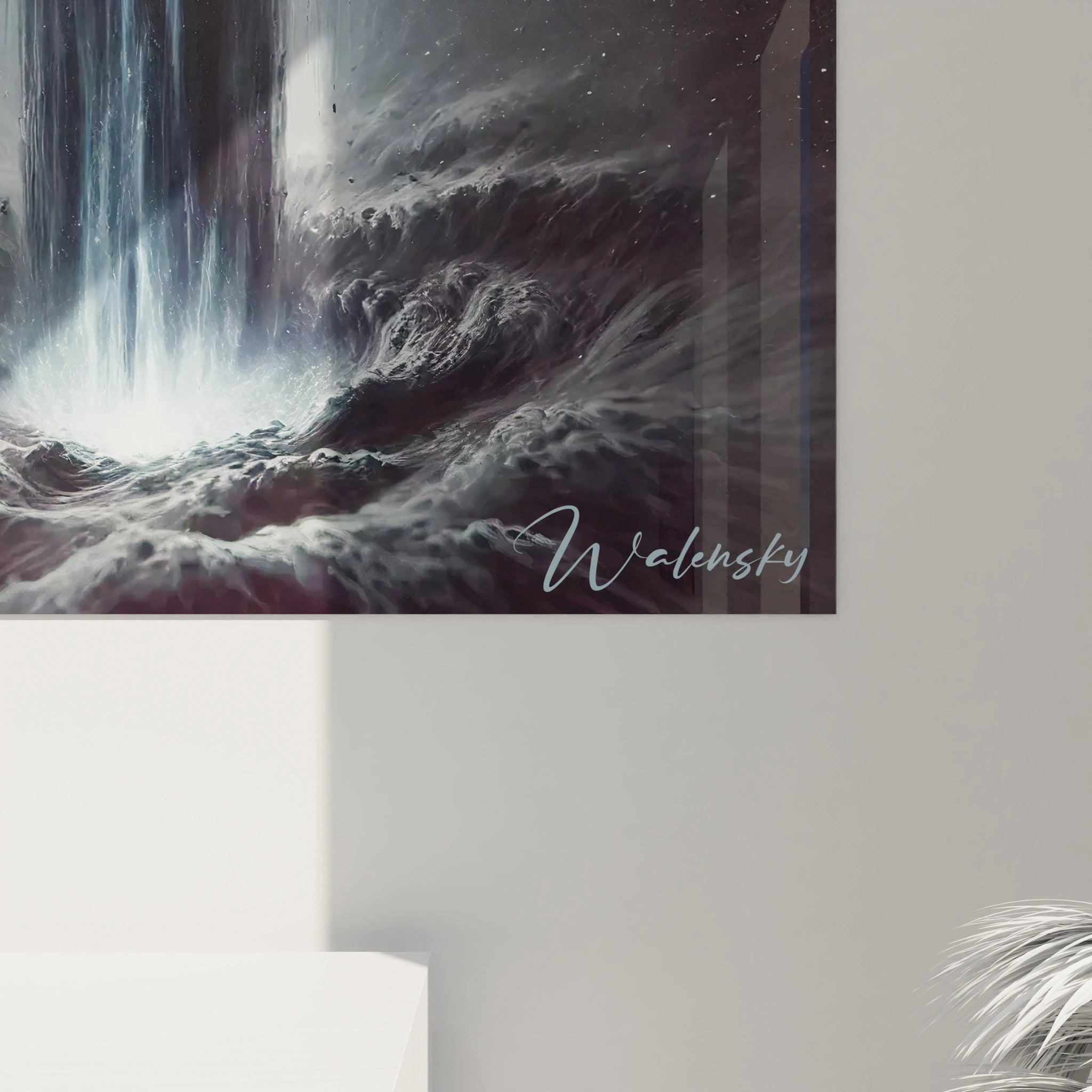 vue de pres tableau espace subtilite des textures riches et degradees noir argent marine imitant le mouvement des nebuleuses et la gravite cosmique elegance et modernite combinees.

