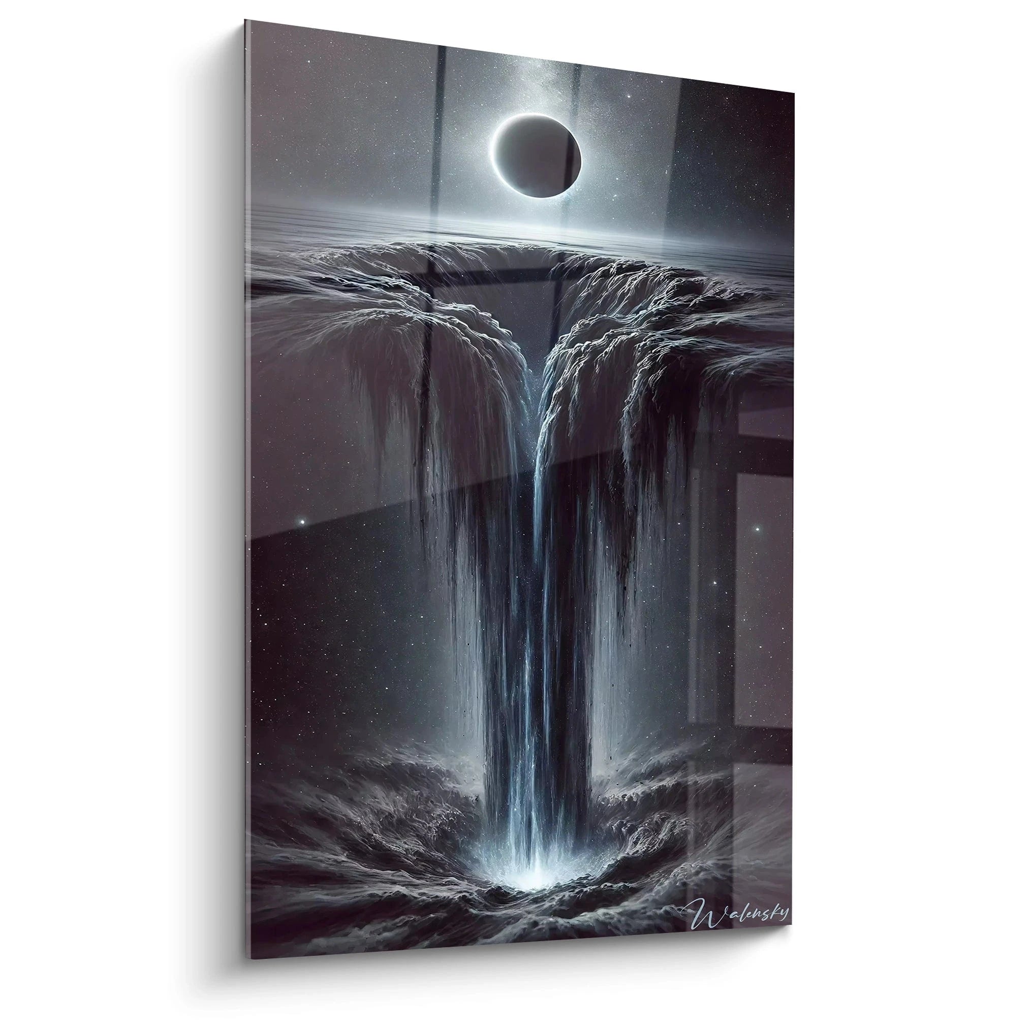tableau espace vu de biais elegance des tons noir argent et marine jouant avec des reflets lumineux evoquant galaxies et trou noir profondeur abstraite parfaite pour une ambiance contemporaine.

