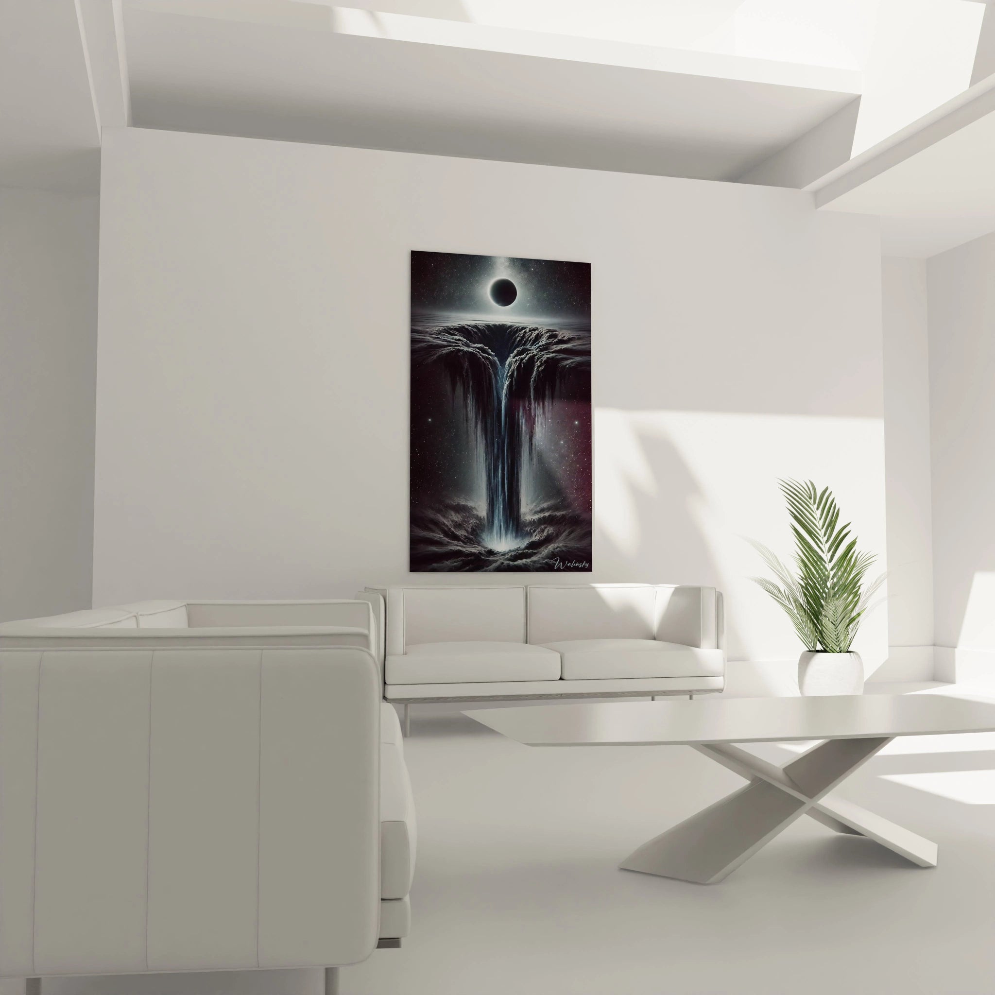 tableau espace accroche au dessus dun canape salon moderne rehausse par le contraste lumineux de cette oeuvre abstraite jouant sur les teintes profondes des abysses et lenergie cosmique.

