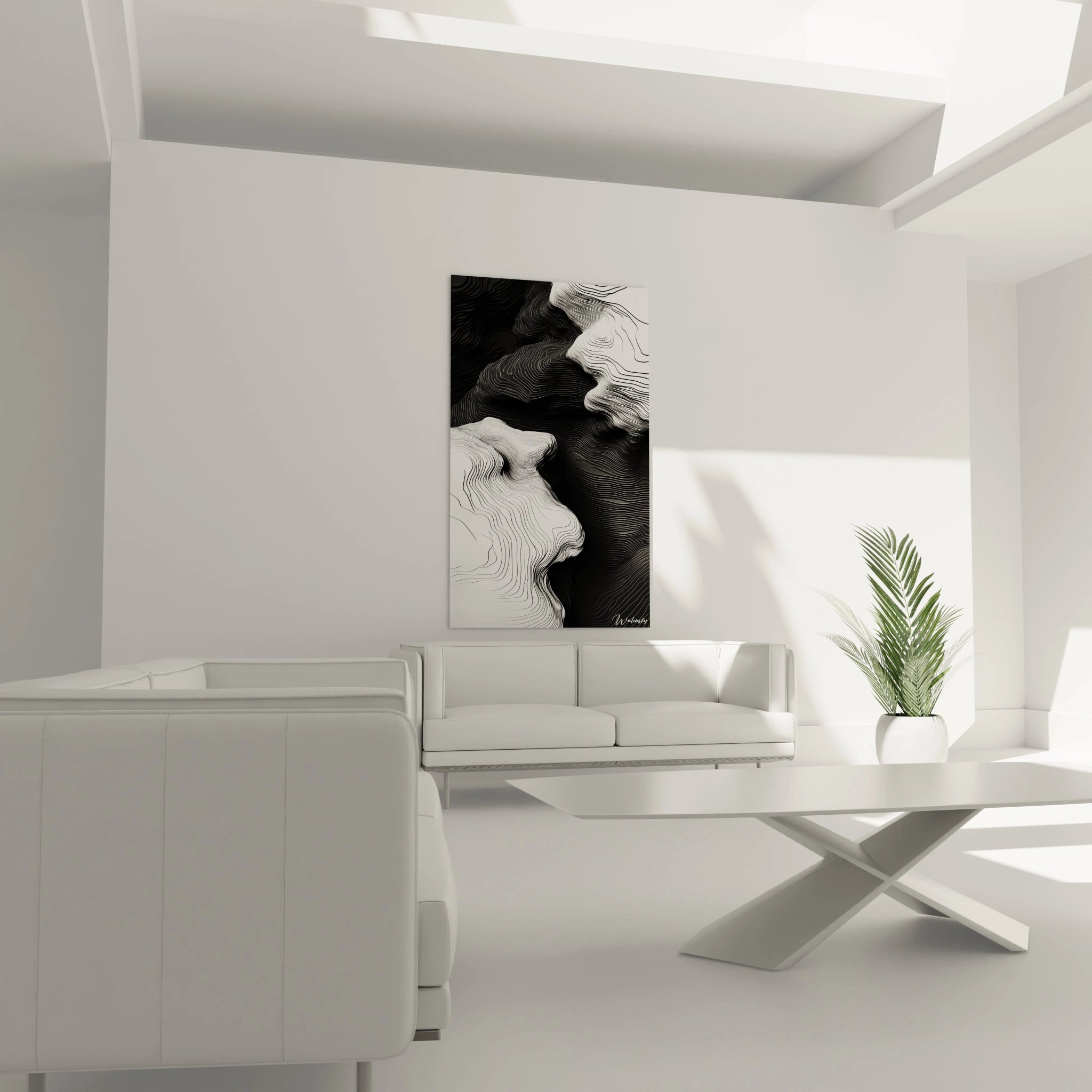 Un tableau abstrait noir et blanc composé de fines lignes topographiques créant des reliefs ondulants. Le contraste saisissant entre zones claires et sombres génère une impression de mouvement fluide, tandis que les courbes précises évoquent des cartographies imaginaires aux textures délicates.
