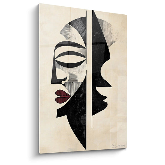 Quadro africano da parete Walensky con design astratto di volti in bianco nero e rosso
