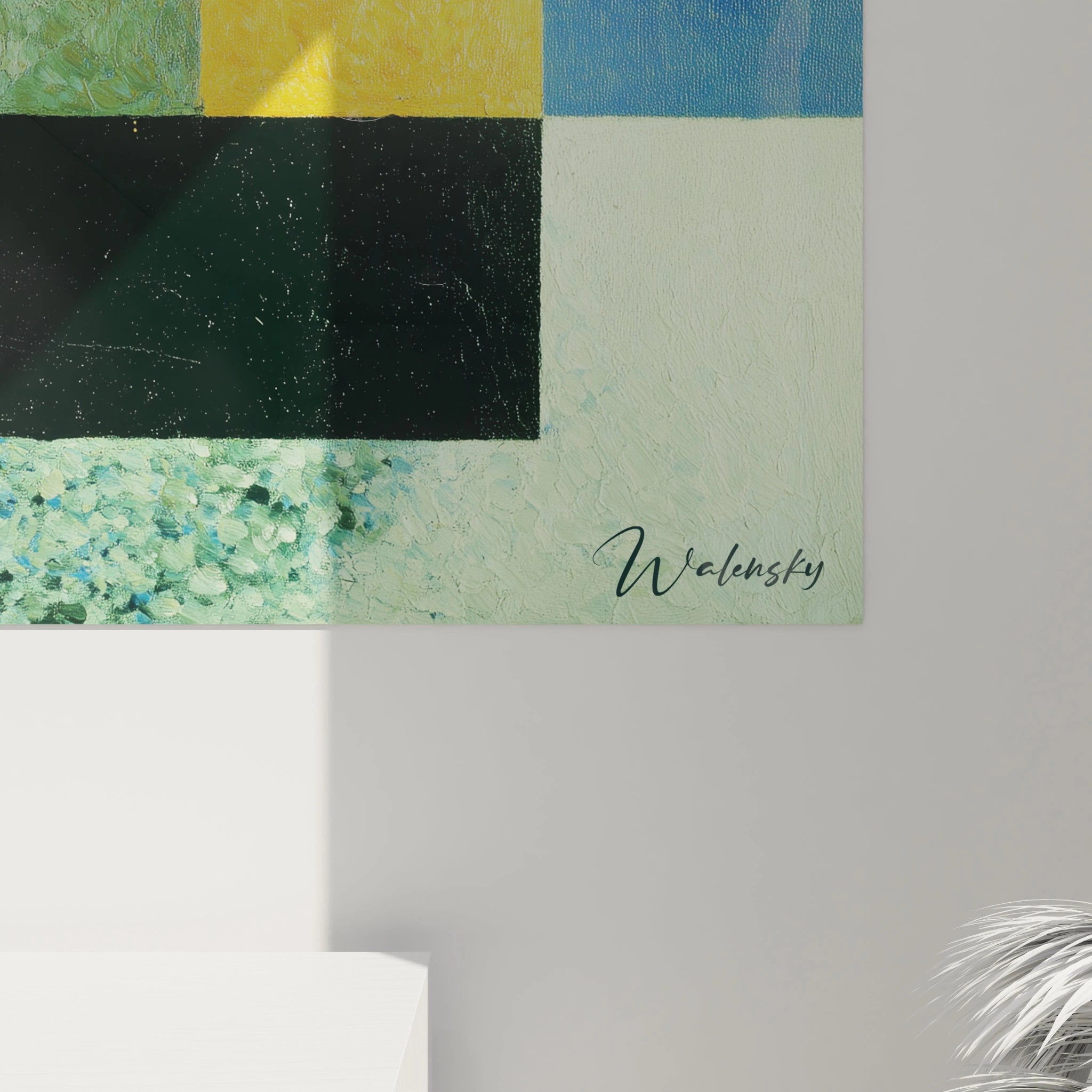 tableau constructivisme moderne mural Walensky coin de toile geometrique vert jaune bleu noir textures peintes et signature