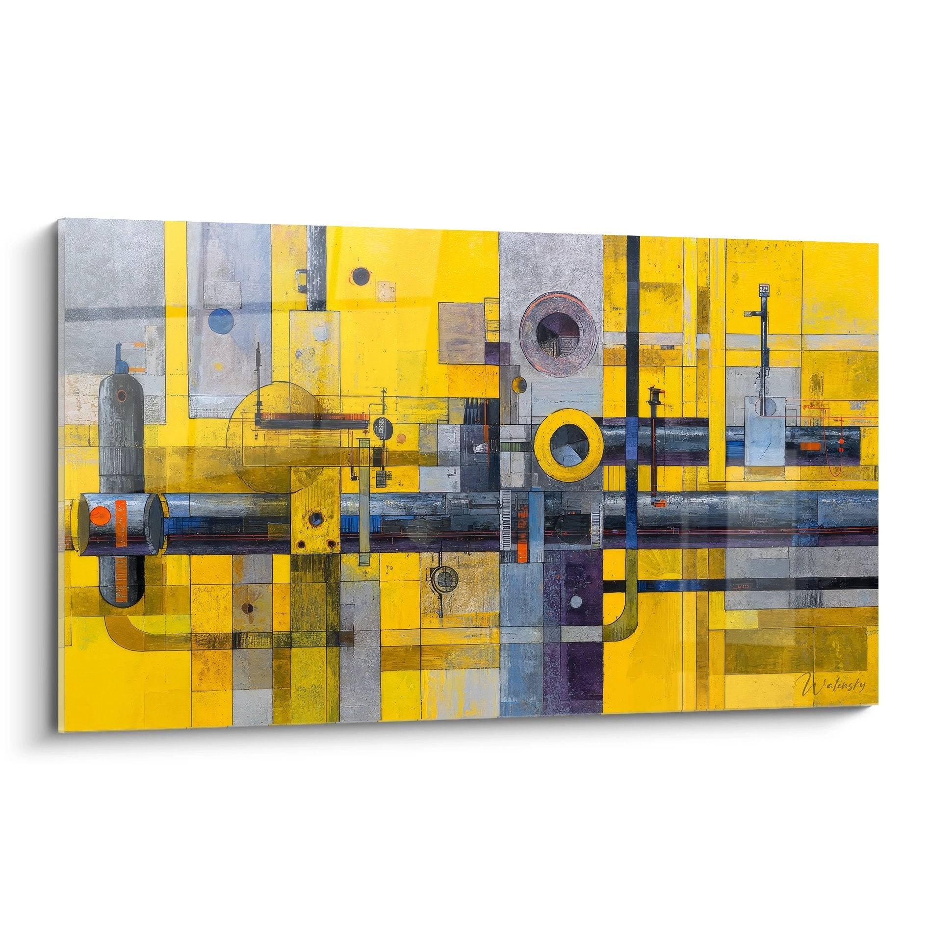 Tableau abstraction industrielle jaune et gris avec formes géométriques et éléments mécaniques