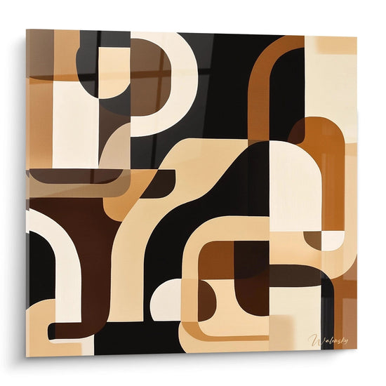 Quadro murale astratto africano con forme geometriche in tonalità di marrone beige e nero di Walensky