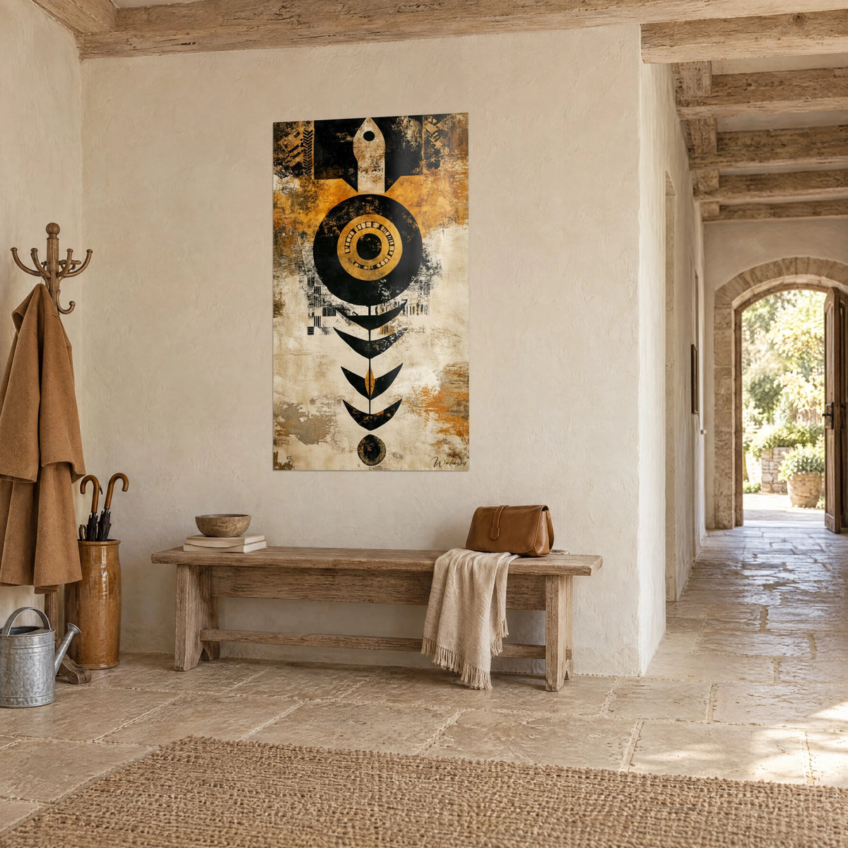 Wall art vertical tribal symbol, black leaves stacked beneath a golden sun, pale stone walls, wooden bench, hallway