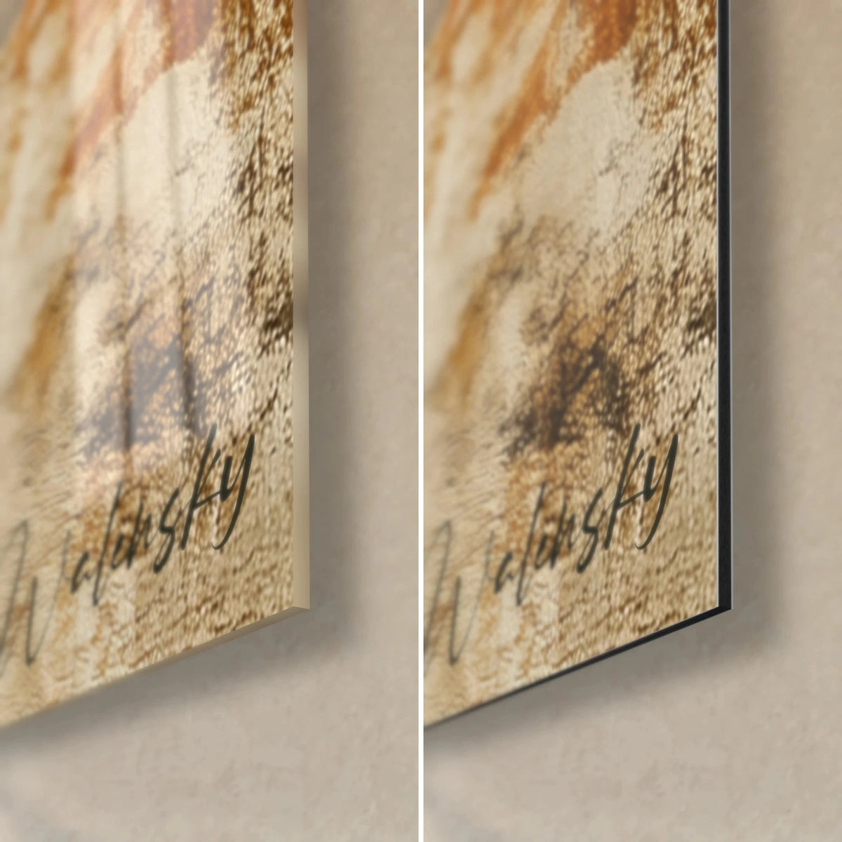 Gemälde mit Stammes-Sonne in Ocker und Schwarz, Ecke unten rechts aus glänzendem Acrylglas links, matt gebürstetes Alu-Dibond rechts, 3 mm Kante