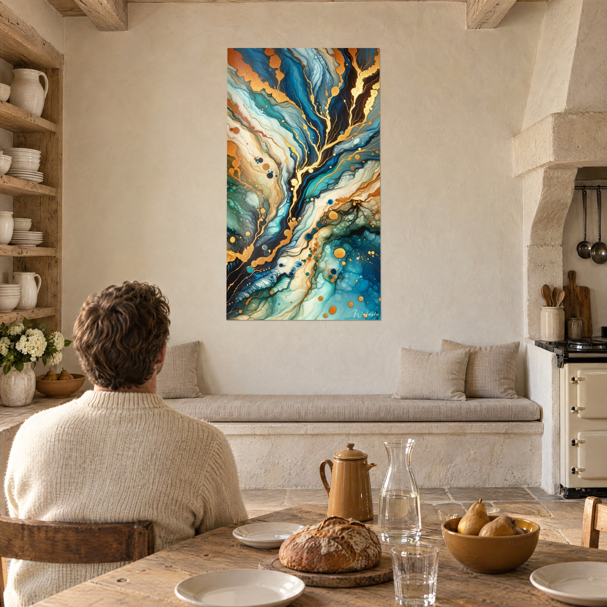Cuadro abstracto de ágata líquida en turquesa y oro, celdas espumosas marfil, persona de espaldas en una mesa, cocina de piedra abovedada