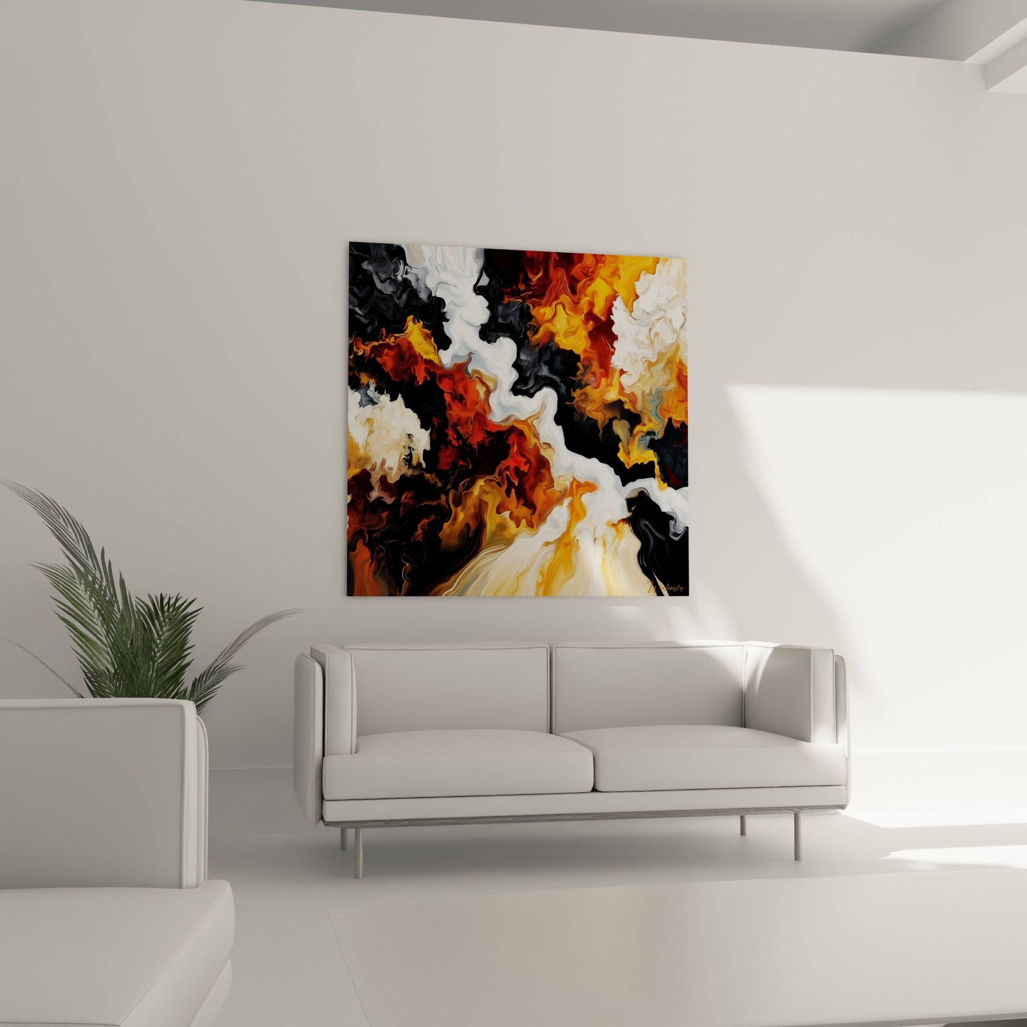 Masses anthracite et orange ambré entrelacées de blanc lumineux, au-dessus d'un canapé dans un salon lumineux