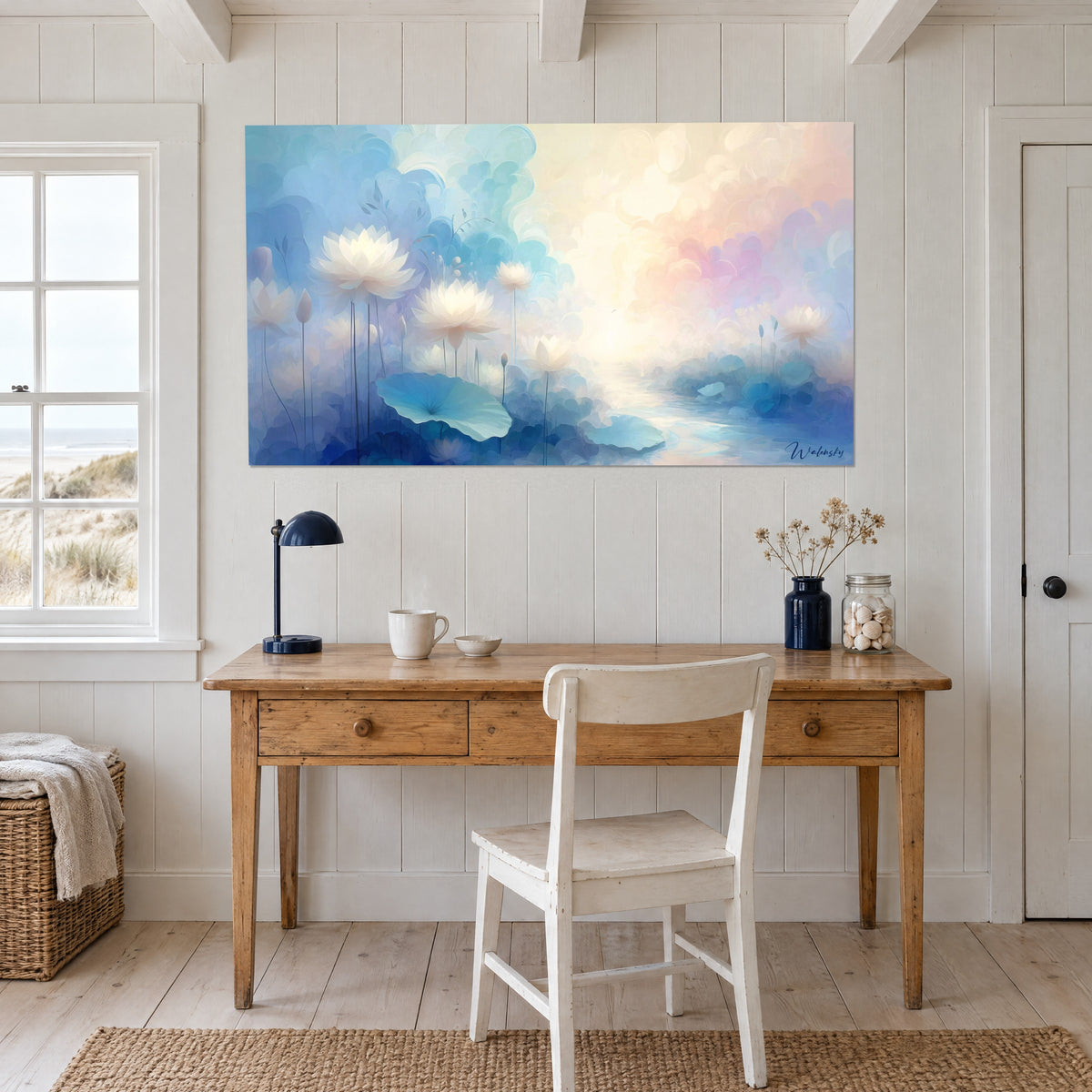 Schilderij van lotussen verlicht door een gouden dageraad, watergroene bladeren en kobaltblauwe lucht, opgehangen boven een houten bureau