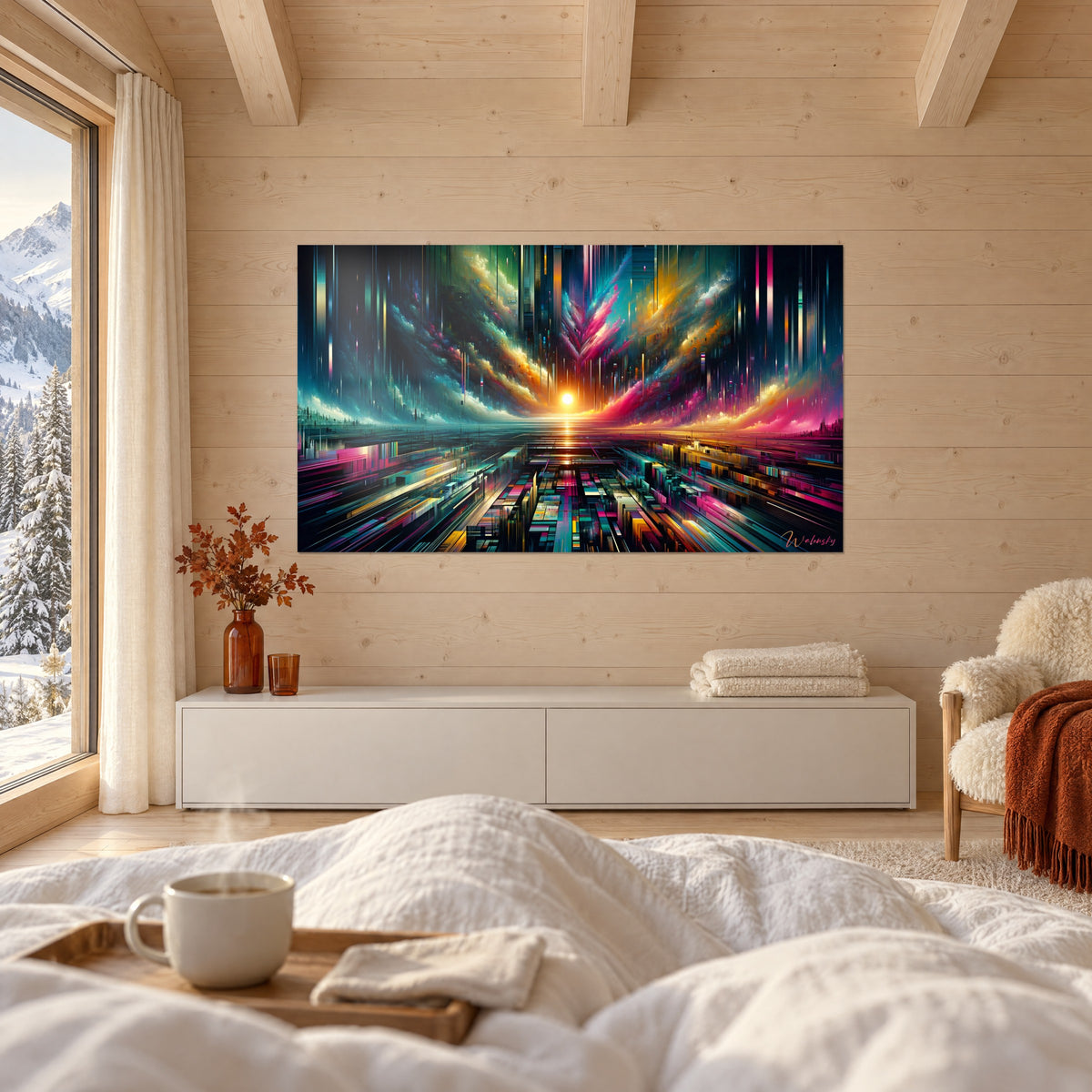Tableau lever de soleil futuriste, nuages fuchsia et orange sur fond sombre turquoise, au-dessus d'un lit dans une chambre claire