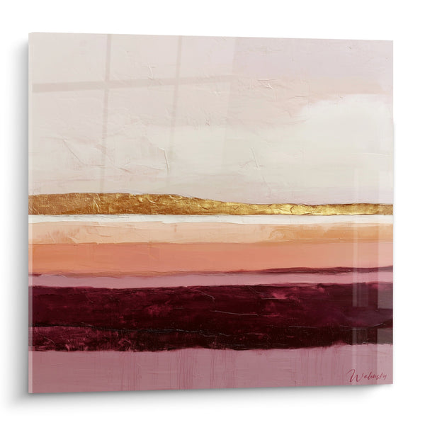 Abstract schilderij gouden en bordeauxrode horizontale strepen - Aardse Horizon - Feng shui editie Zuidwest Aarde