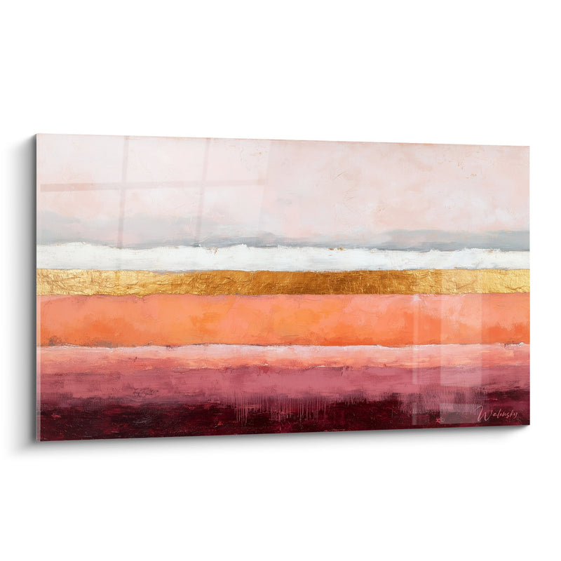 Tableau abstrait bandes horizontales rose corail doré blanc - Horizons Chaleureux - Edition Feng shui Sud-Ouest Terre