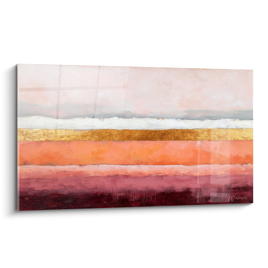 Tableau abstrait bandes horizontales rose corail doré blanc - Horizons Chaleureux - Edition Feng shui Sud-Ouest Terre