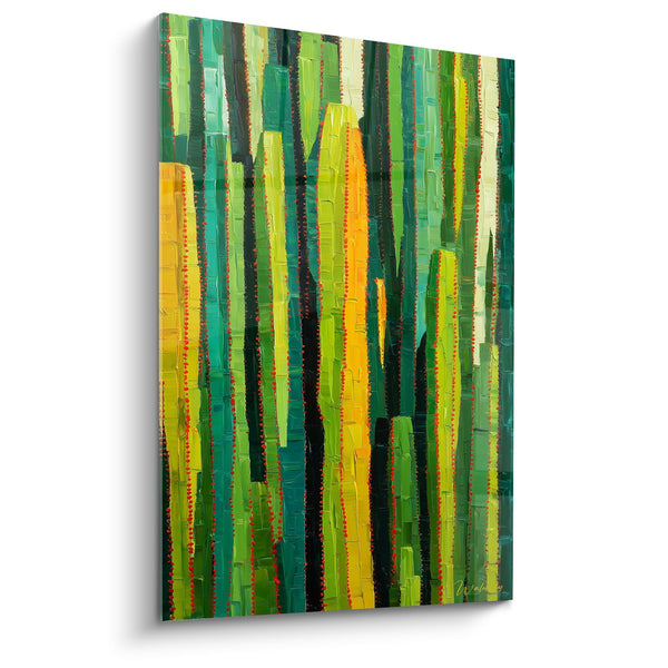 Schilderij Verticale Abstracte Strepen Groen Oranje en Turquoise - Bos van Kleuren - Cactus Editie