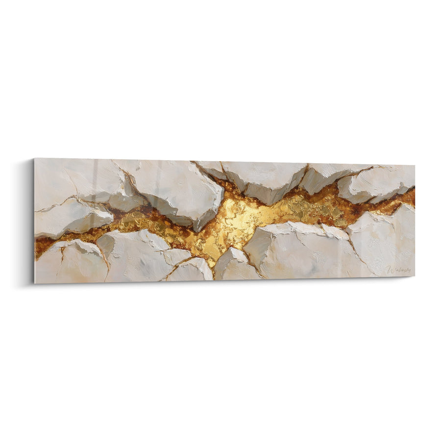 Tableau abstrait beige et doré avec fissures dorées texturées - Fusion Minérale - Edition Feng shui Centre Terre