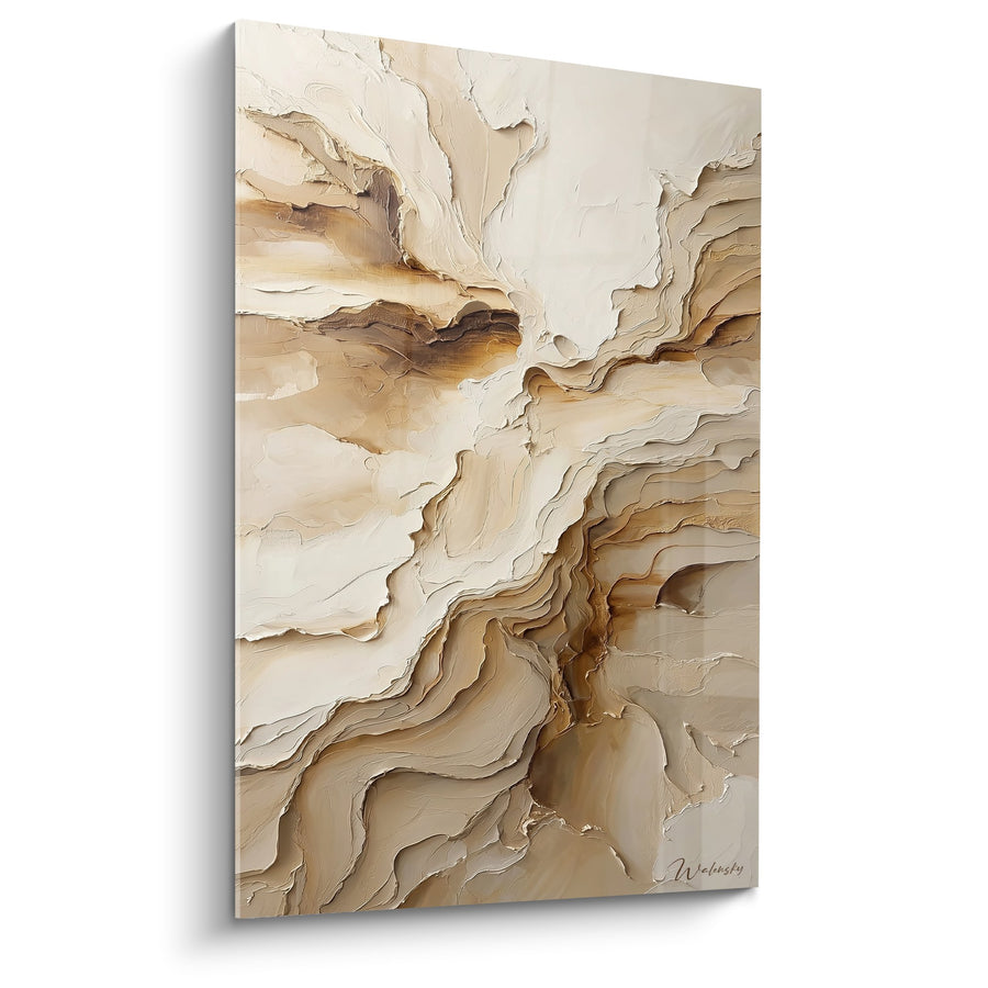 Tableau abstrait aux nuances beiges et dorées avec textures en relief - Harmonie Minérale - Edition Feng shui Centre Terre