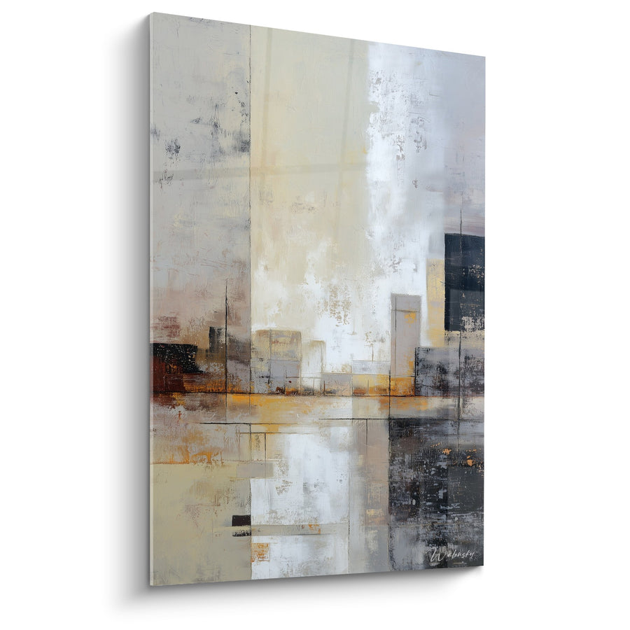 Tableau composition abstraite beige blanc gris anthracite avec touches dorées - Harmonie métallique - Edition Feng shui Ouest Métal
