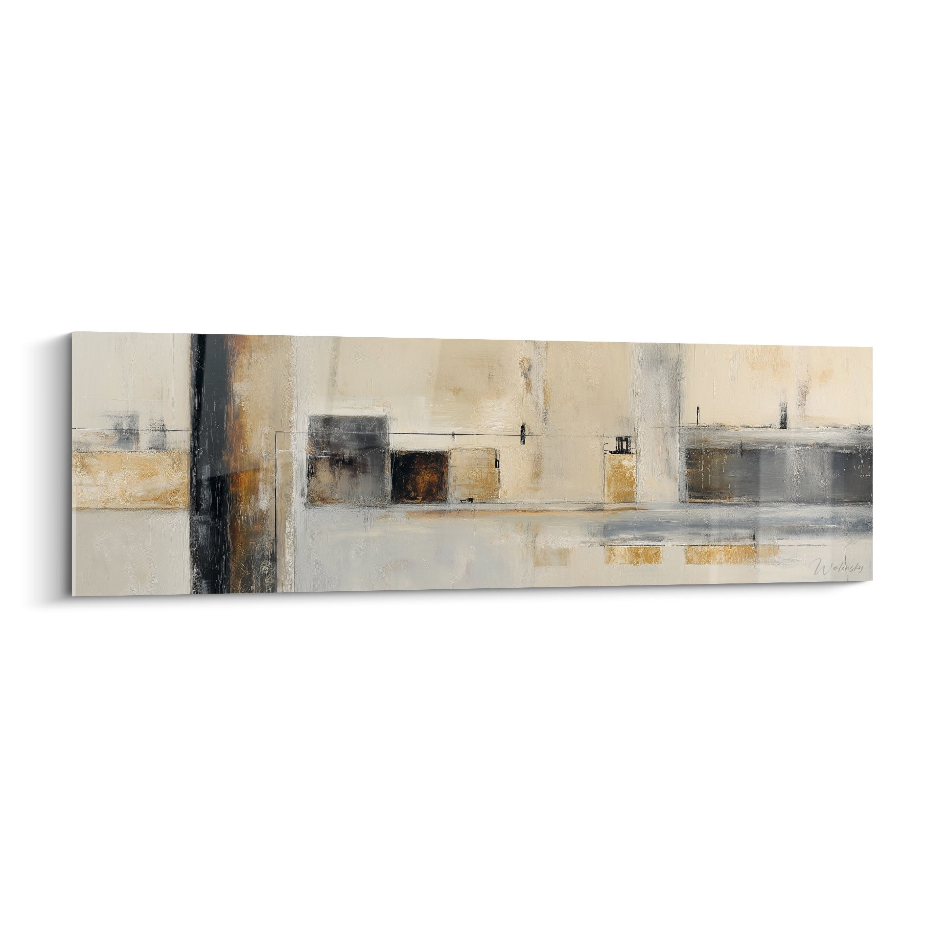 Panoramic abstract beige gray ochre geometric shapes feng shui west metal wall art