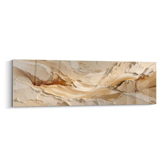Tableau abstrait beige et ocre aux textures epaisses et mouvements fluides, style Feng shui Centre Terre