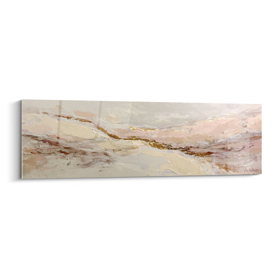 Tableau abstrait beige rose aux veines dorees style feng shui centre terre paysage mineral