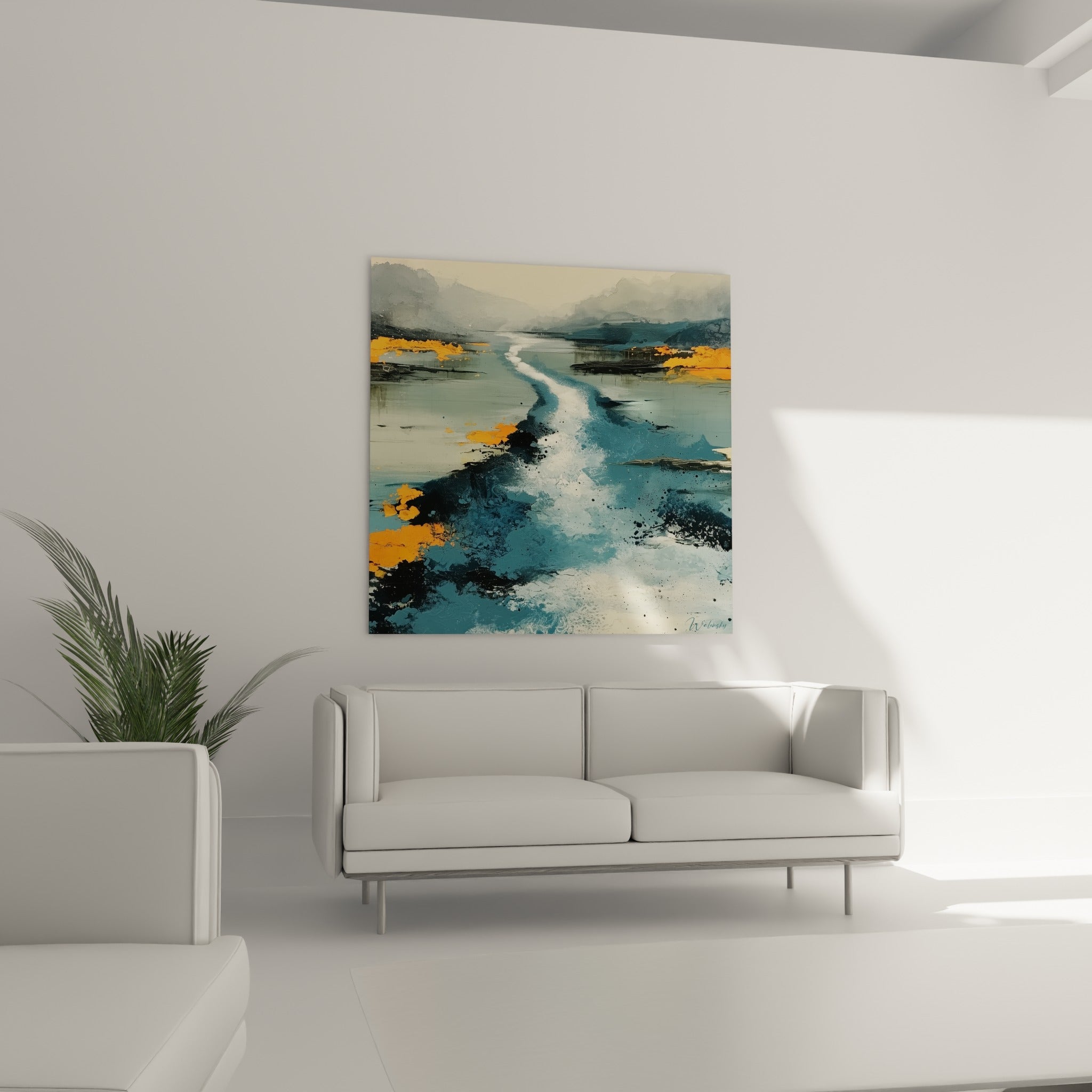 Courant lumineux entouré de berges orange doré et de reflets sombres, tableau style Peinture abstrait au-dessus d'un canapé dans un salon lumineux
