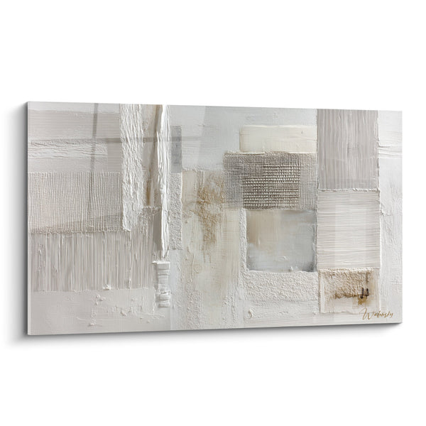 Abstract textuur schilderij wit en beige met geometrische patronen - Minerale Harmonie - Feng Shui Noordoost Metal Edition