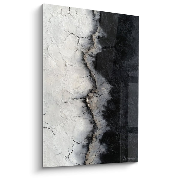 Abstract zwart wit schilderij met getextureerde scheuren - Mineraliteit Dualiteit - Feng Shui Noordwest Metaal Editie