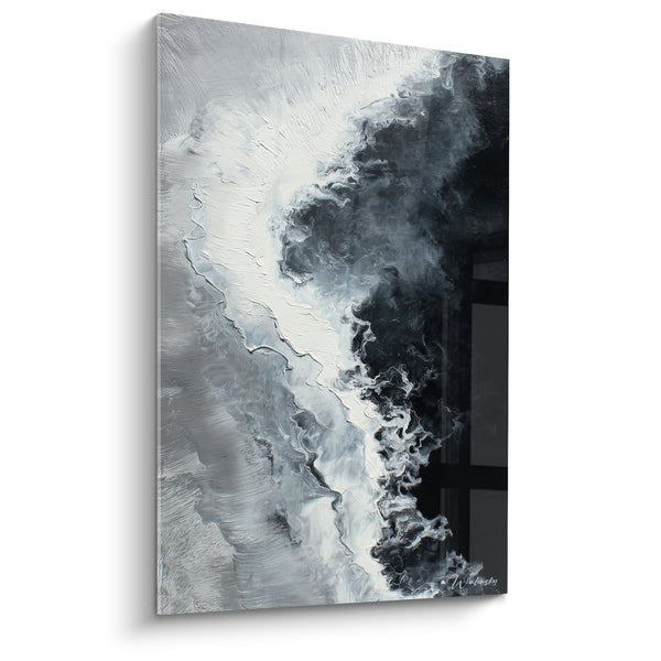 Abstract zwart wit schilderij met vloeiende texturen en organische bewegingen - Metalen Harmonie - Feng Shui Noordoost Metaal Editie