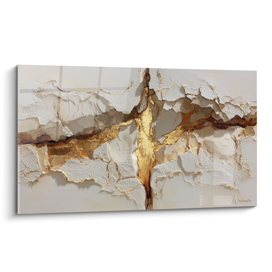 Tableau abstrait texturé or et blanc aux formes organiques - Harmonie dorée - Edition Feng shui Centre Terre