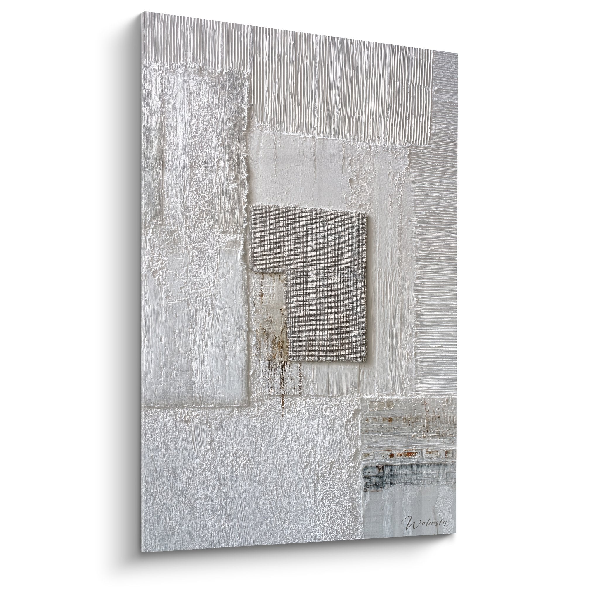 Tableau abstrait blanc texture relief avec carre toile jute beige central feng shui nord ouest metal