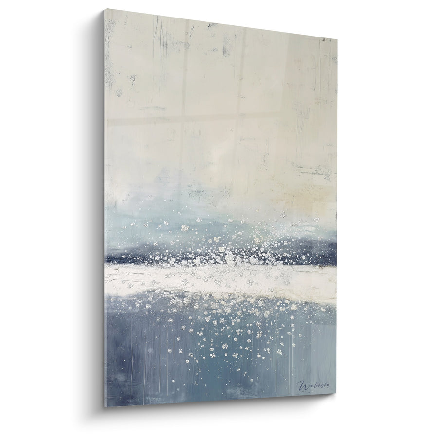 Tableau abstrait bleu et beige avec motifs floraux blancs - Sérénité Aquatique - Edition Feng shui Ouest Métal