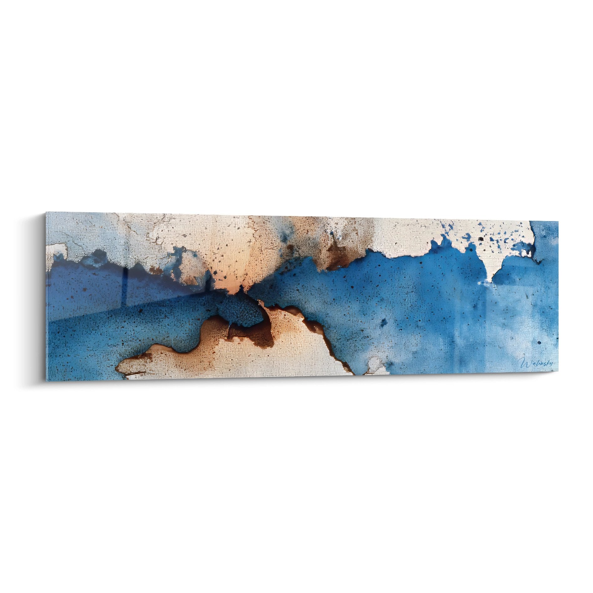 Tableau abstrait bleu et beige aux textures fluides pour décoration murale moderne