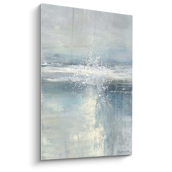 Abstract Blauw en Wit Schilderij met Lichtgevende Spatten - Waterig Schittering - Feng Shui West Metal Editie
