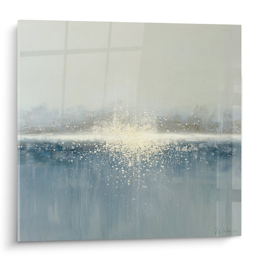 Tableau abstrait bleu et blanc avec éclaboussures dorées - Harmonie Cristalline - Edition Feng shui Ouest Métal
