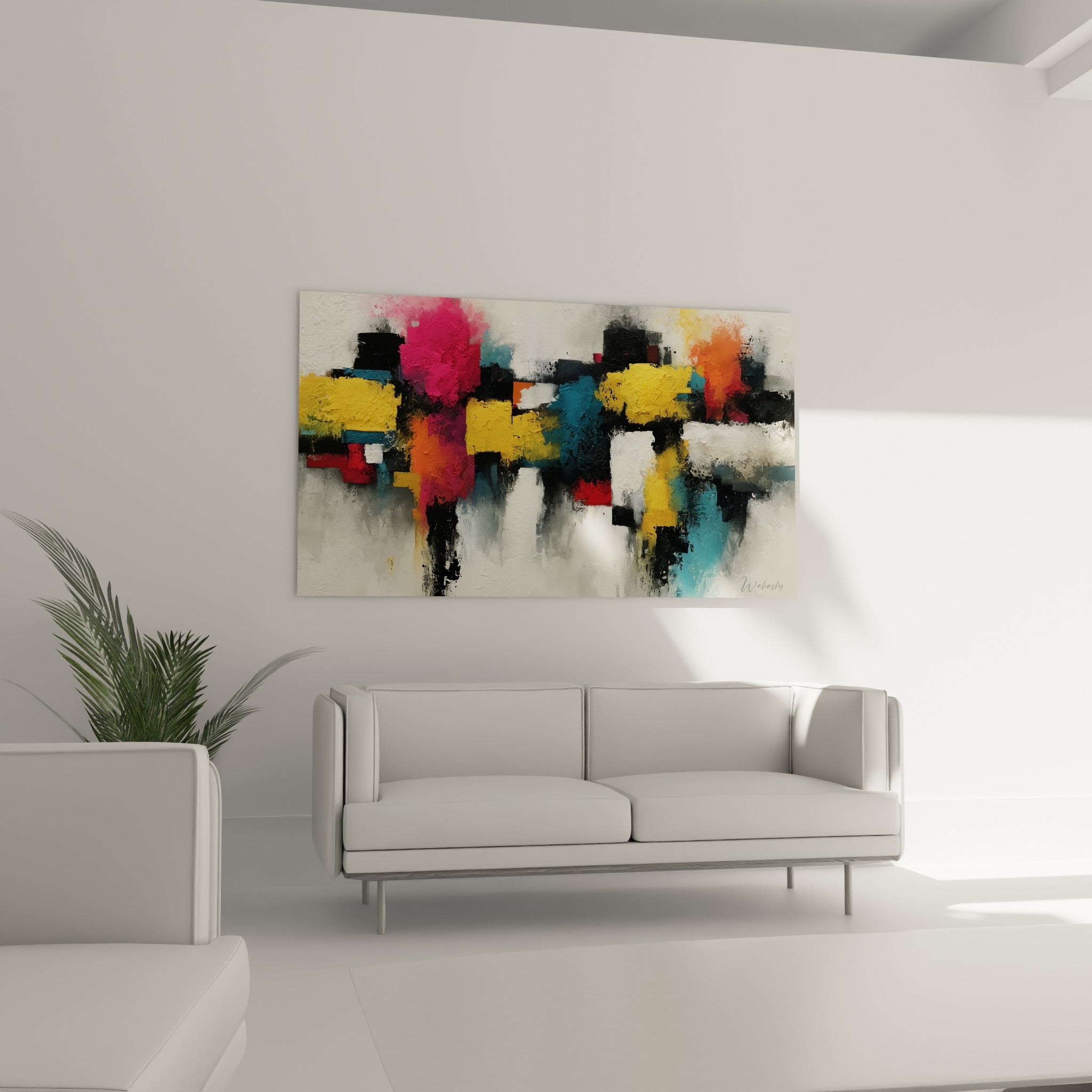 Touches orangées et bleu canard animent ce tableau abstrait, disposé au-dessus d'un canapé dans un salon lumineux