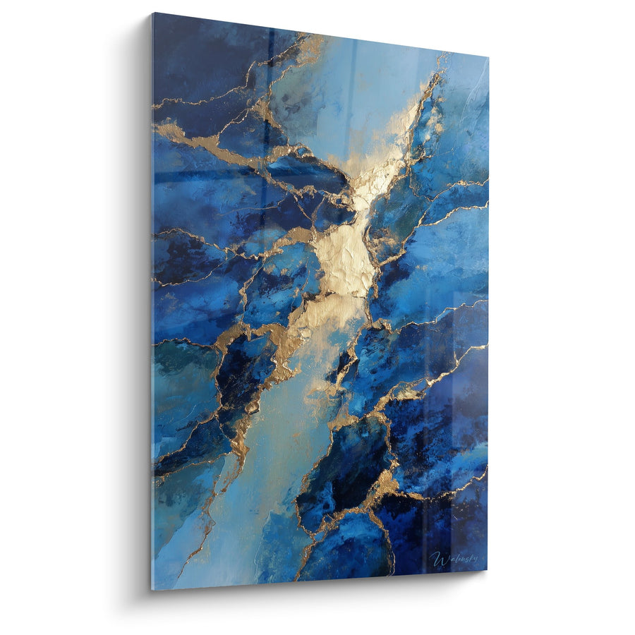 Tableau Abstrait Bleu et Or aux Veines Dorées - Harmonie Minérale - Edition Feng shui Nord Eau