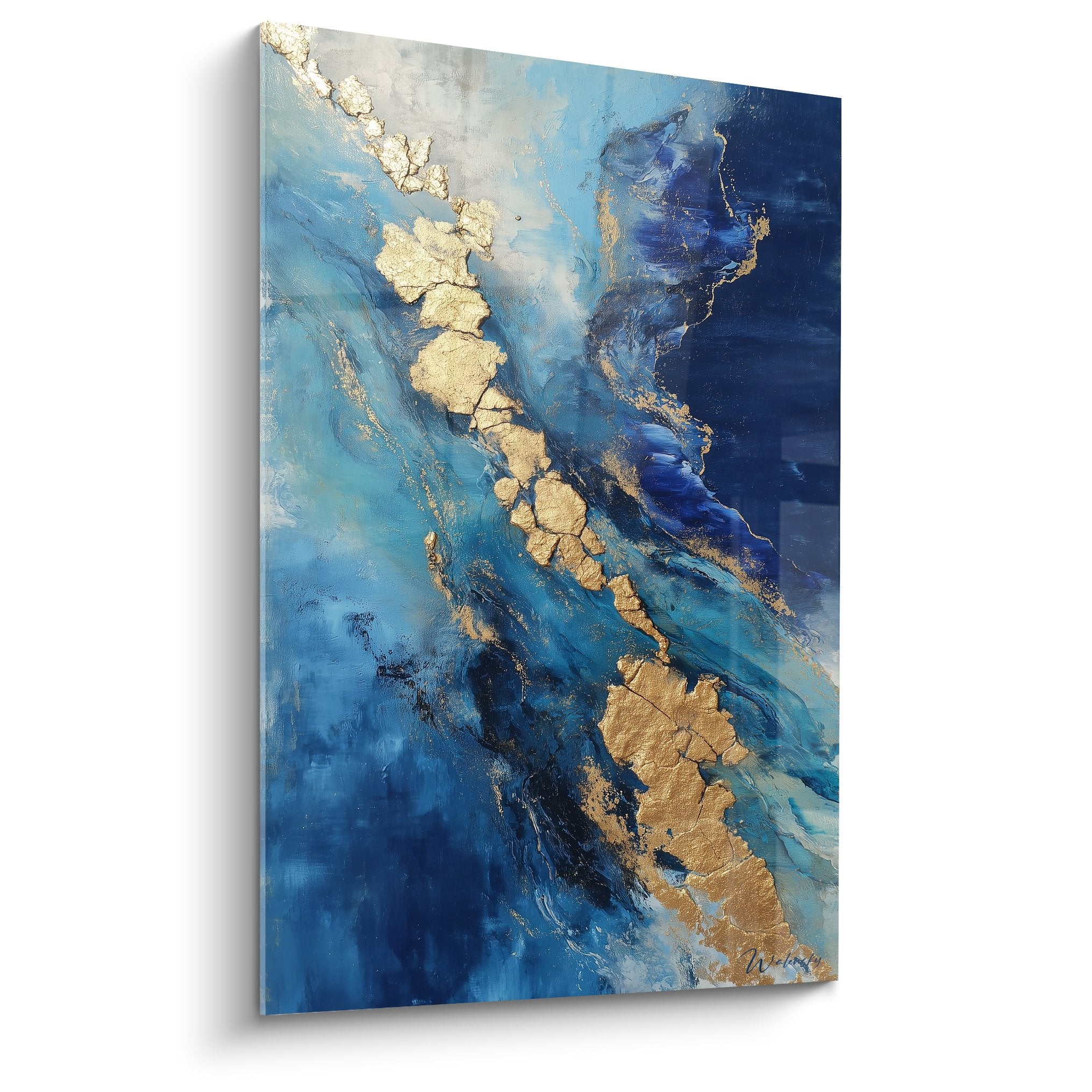 Abstract painting with blue and gold tones, fluid textures, feng shui north water element