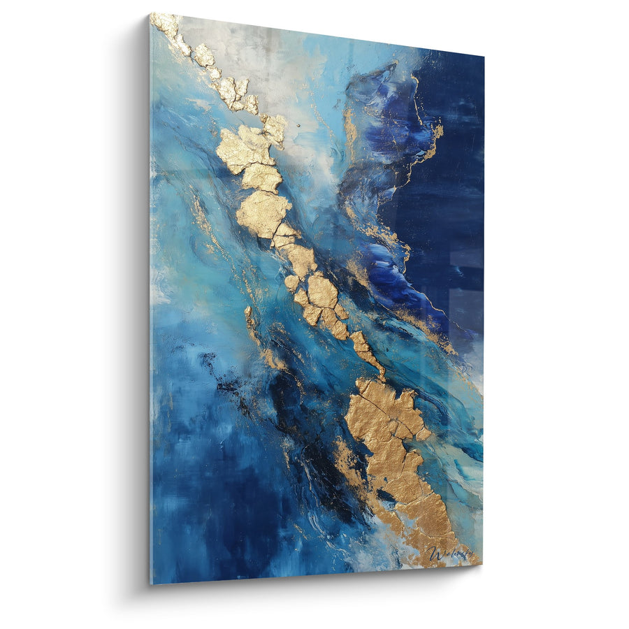 Tableau Abstrait Bleu et Or avec Textures Fluides - Rivière Céleste - Edition Feng shui Nord Eau