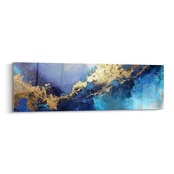 Tableau abstrait bleu doré avec nuances fluides - Symphonie Aquatique - Edition Feng shui Nord Eau