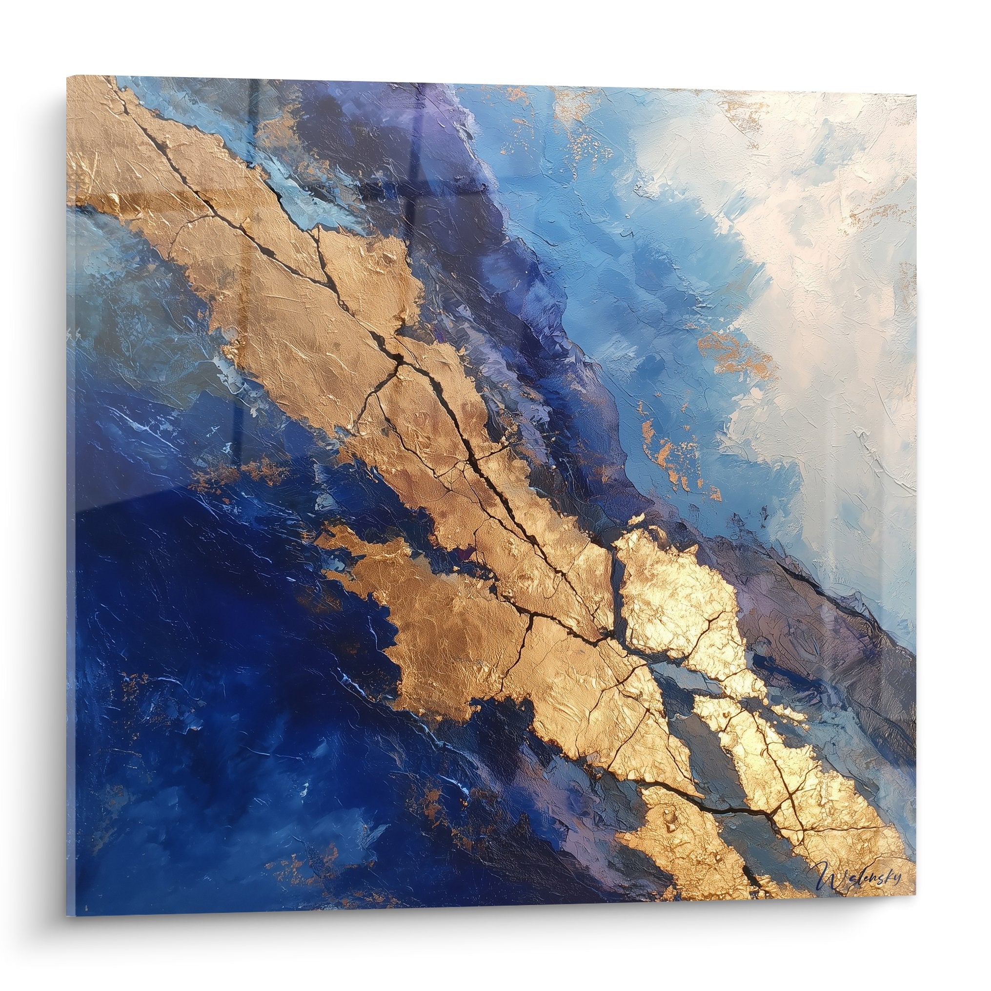 Tableau abstrait bleu et doré avec fissures dorées évoquant l'océan - Edition Feng shui Nord Eau