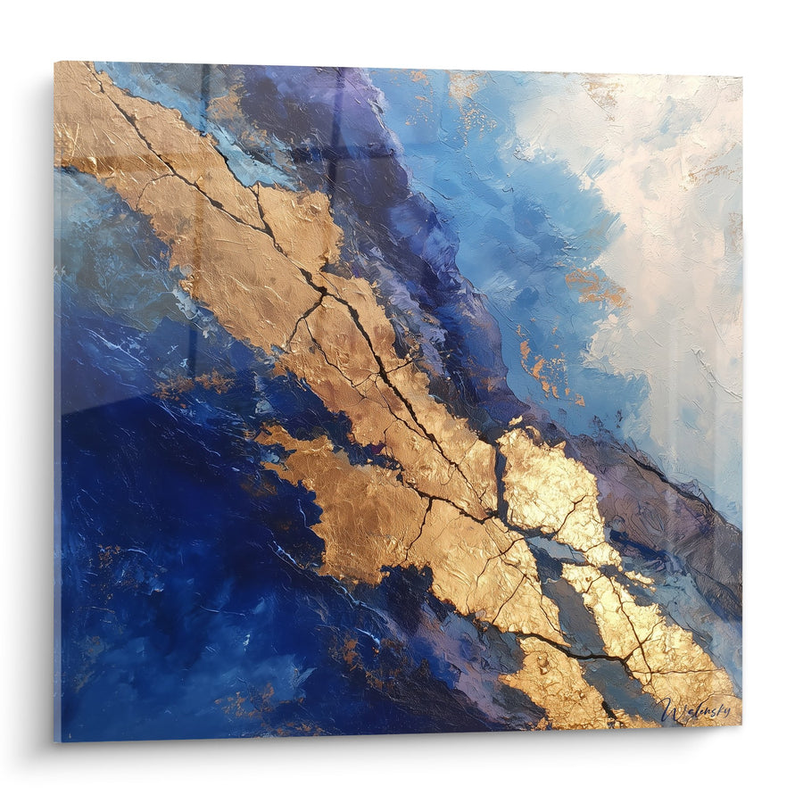Tableau abstrait bleu et doré avec fissures dorées - Océan mystique - Edition Feng shui Nord Eau